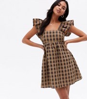 New Look Brown Check Seersucker Frill Shoulder Mini Dress